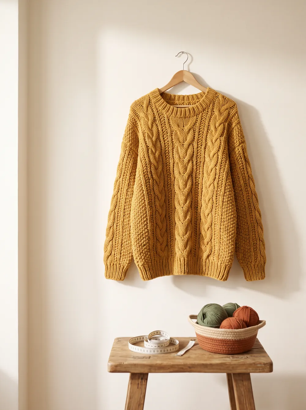 Musztardowy sweter oversize na drewnianym wieszaku