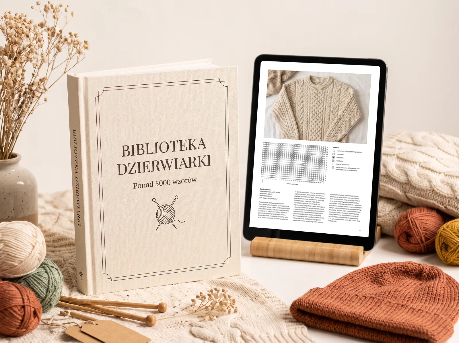 Biblioteka Dziewiarki: książka w twardej oprawie i tablet z gotowym wzorem