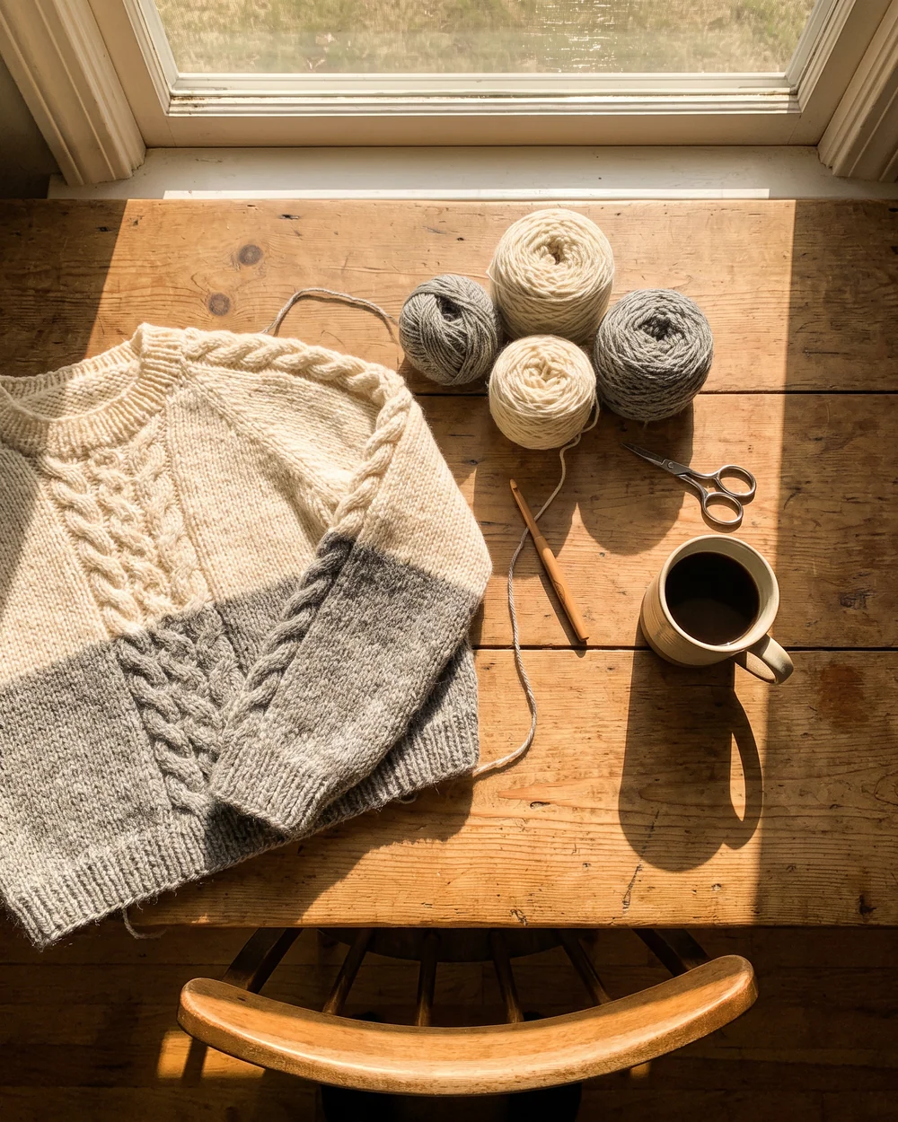 Sweter w trakcie pracy, motki wełny, szydełko i kawa na drewnianym stole